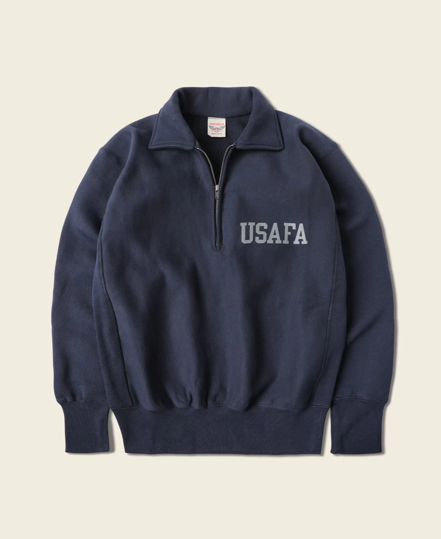 Bronson Men's 1950s US Navy Half-Zip Reverse Weave Sweatshirt in Vintage Navy Blue