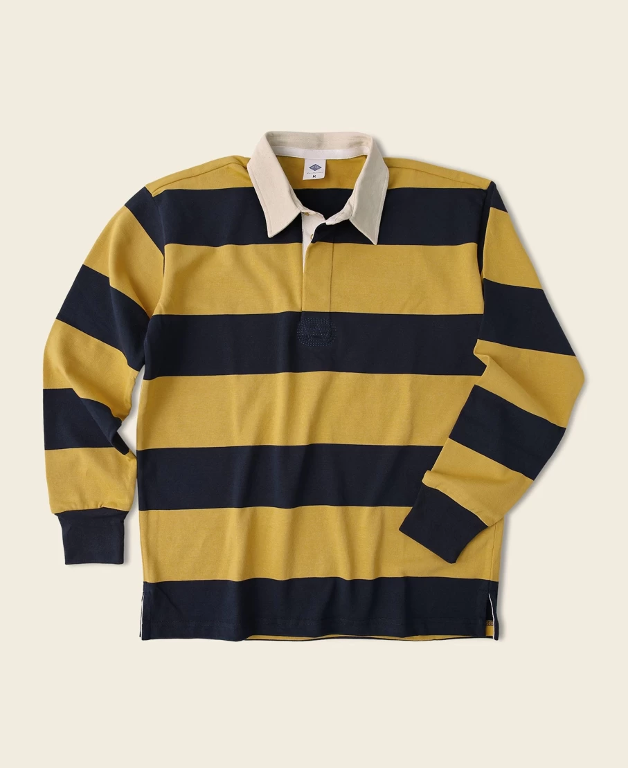 Bronson Men's Classic Fit Yellow & Navy Striped Rugby Shirt - Vintage Jersey Style