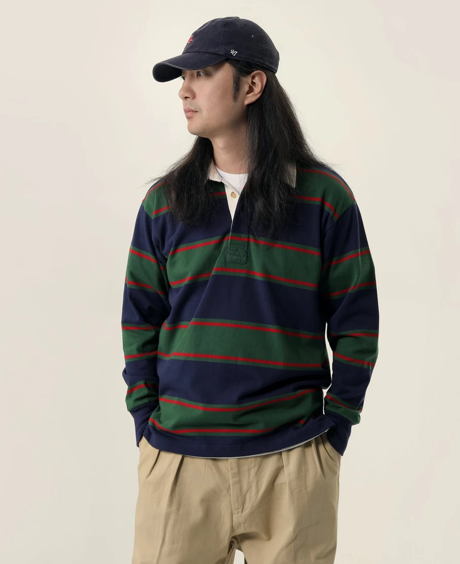 Bronson Men's Classic Fit Rugby Shirt - Blackish Green Ivy Stripe Jersey Top