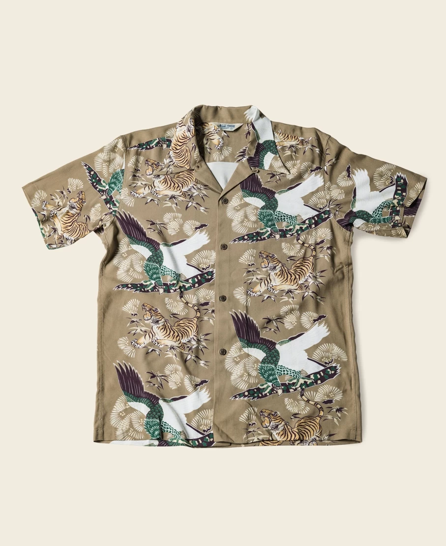 Bronson Men's Khaki Ukiyo-E Tiger & Crane Aloha Shirt - Japanese Traditional Print Hawaiian Style