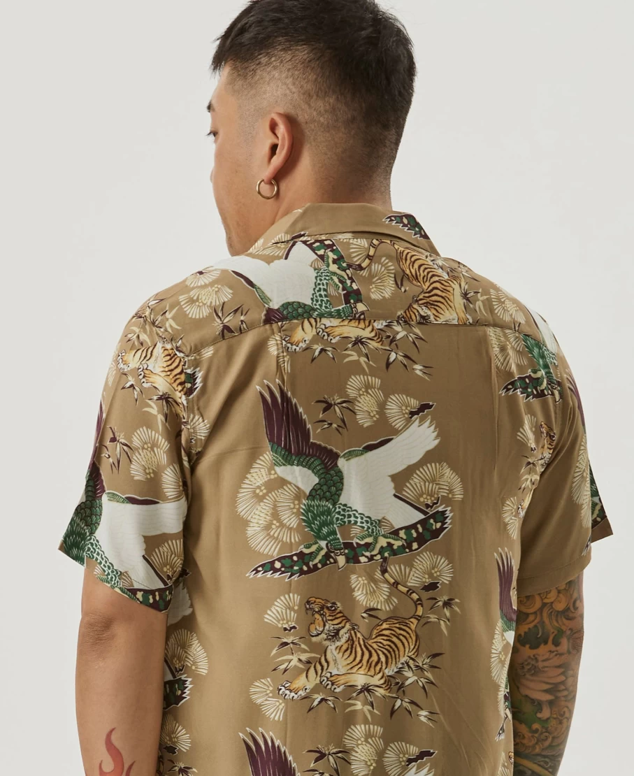 Bronson Men's Khaki Ukiyo-E Tiger & Crane Aloha Shirt - Japanese Traditional Print Hawaiian Style