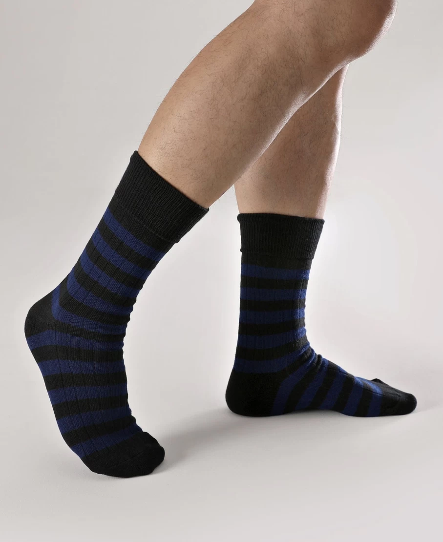 Bronson Men's Retro Striped Cotton Socks - Black/Blue Casual Vintage Style