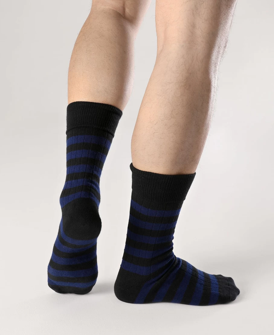 Bronson Men's Retro Striped Cotton Socks - Black/Blue Casual Vintage Style
