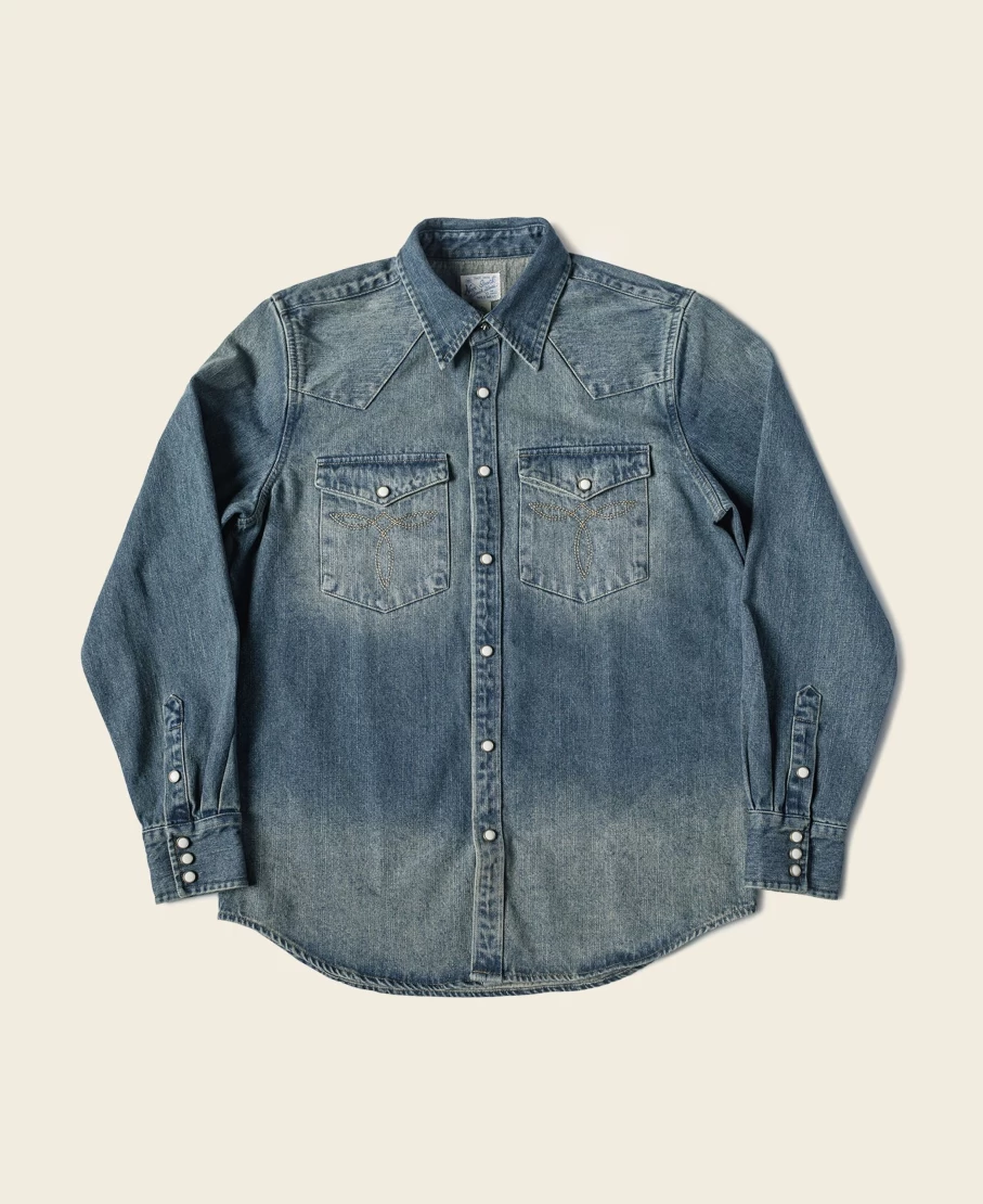 Bronson Men's 1950s Vintage Slub Denim Western Shirt in Denim Blue