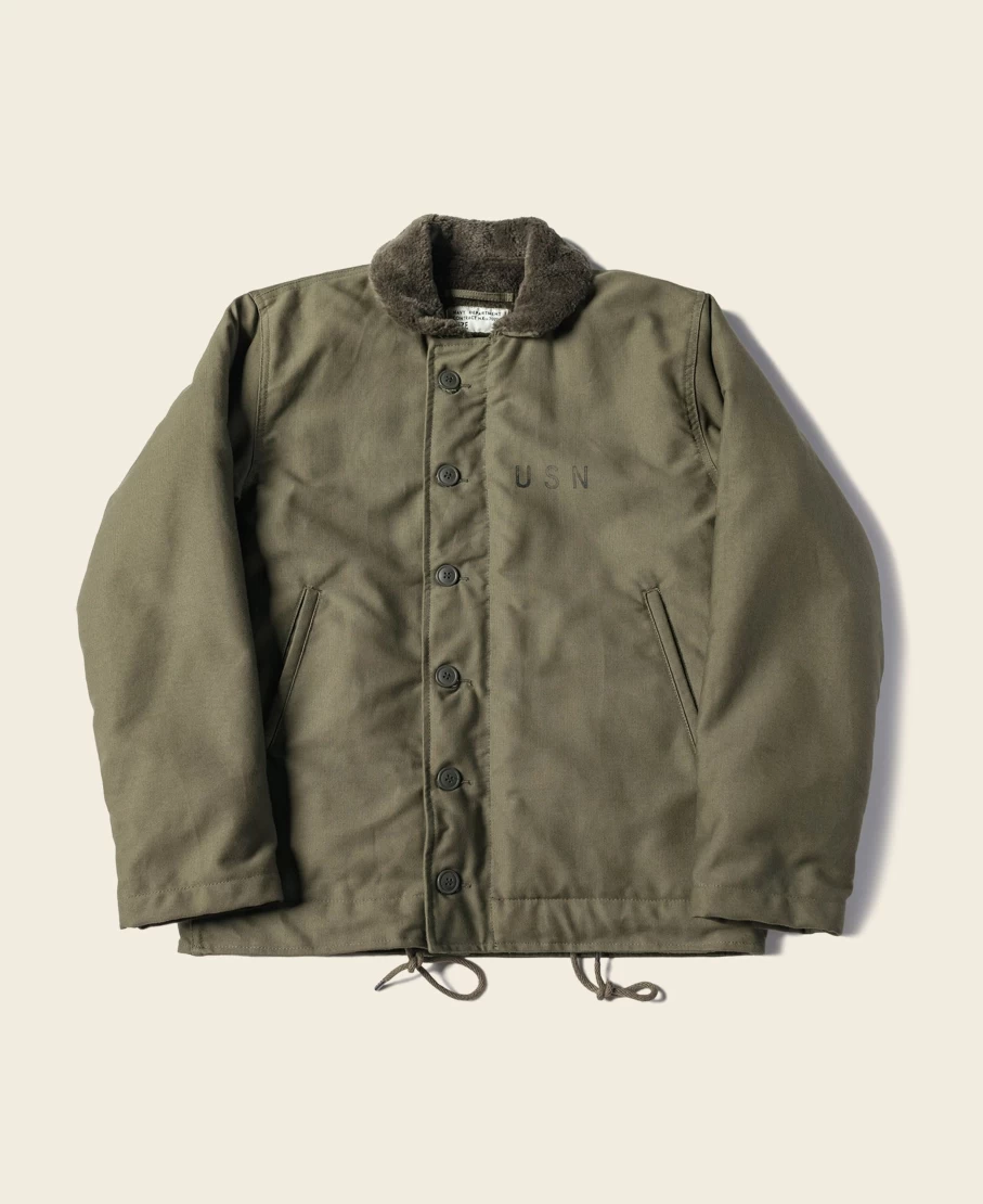 Bronson Men's Olive 1940s USN 3rd Type N-1 Wool Deck Jacket with Stencil Design