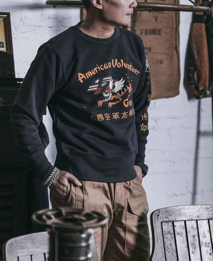 Bronson Men's Black Flying Tigers Military Print Sweatshirt - Vintage Army Style Pullover