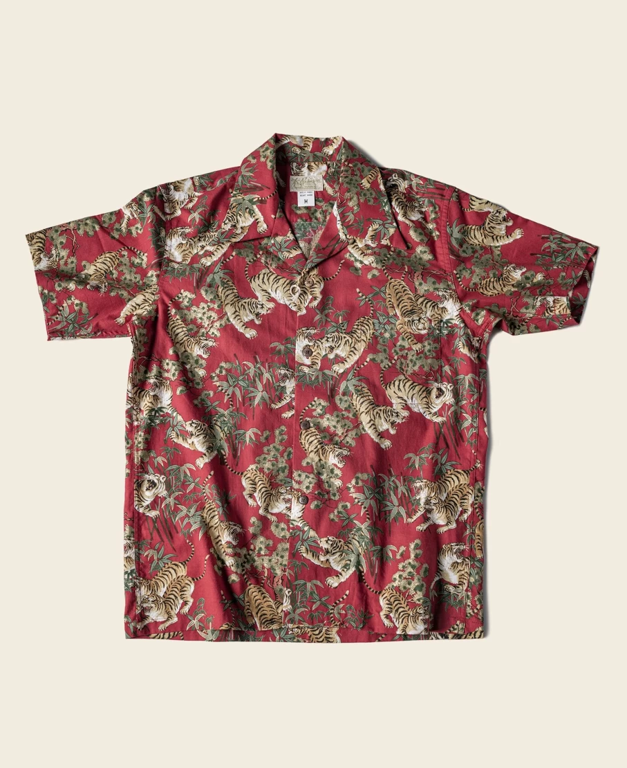 Bronson Men's Wine Red Ukiyo-E Tiger & Bamboo Aloha Shirt Vintage AS08 Hawaiian Style