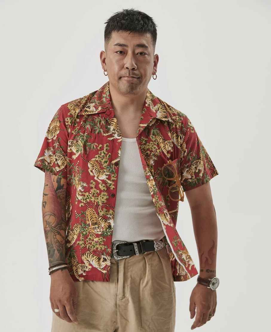 Bronson Men's Wine Red Ukiyo-E Tiger & Bamboo Aloha Shirt Vintage AS08 Hawaiian Style