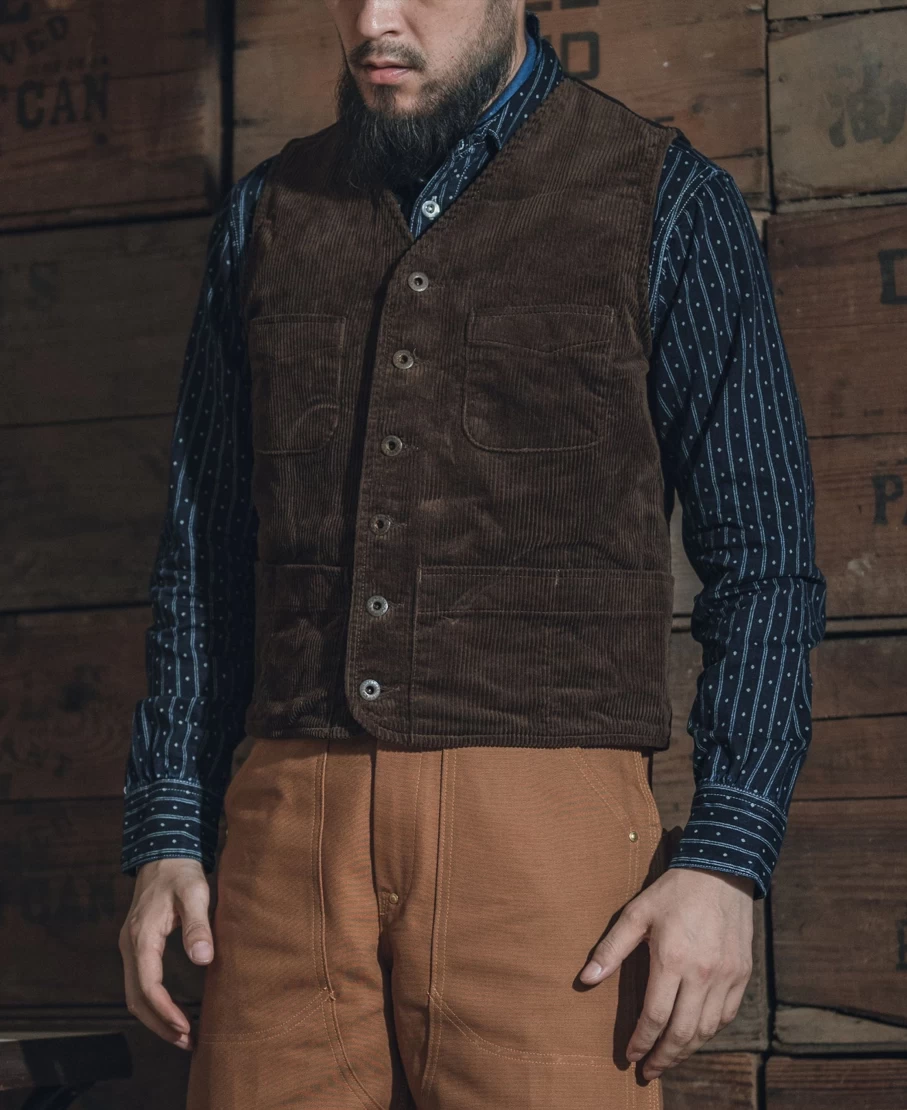 Bronson Men's 1930s Dark Brown Corduroy Hunting Vest - Vintage Outdoor Apparel
