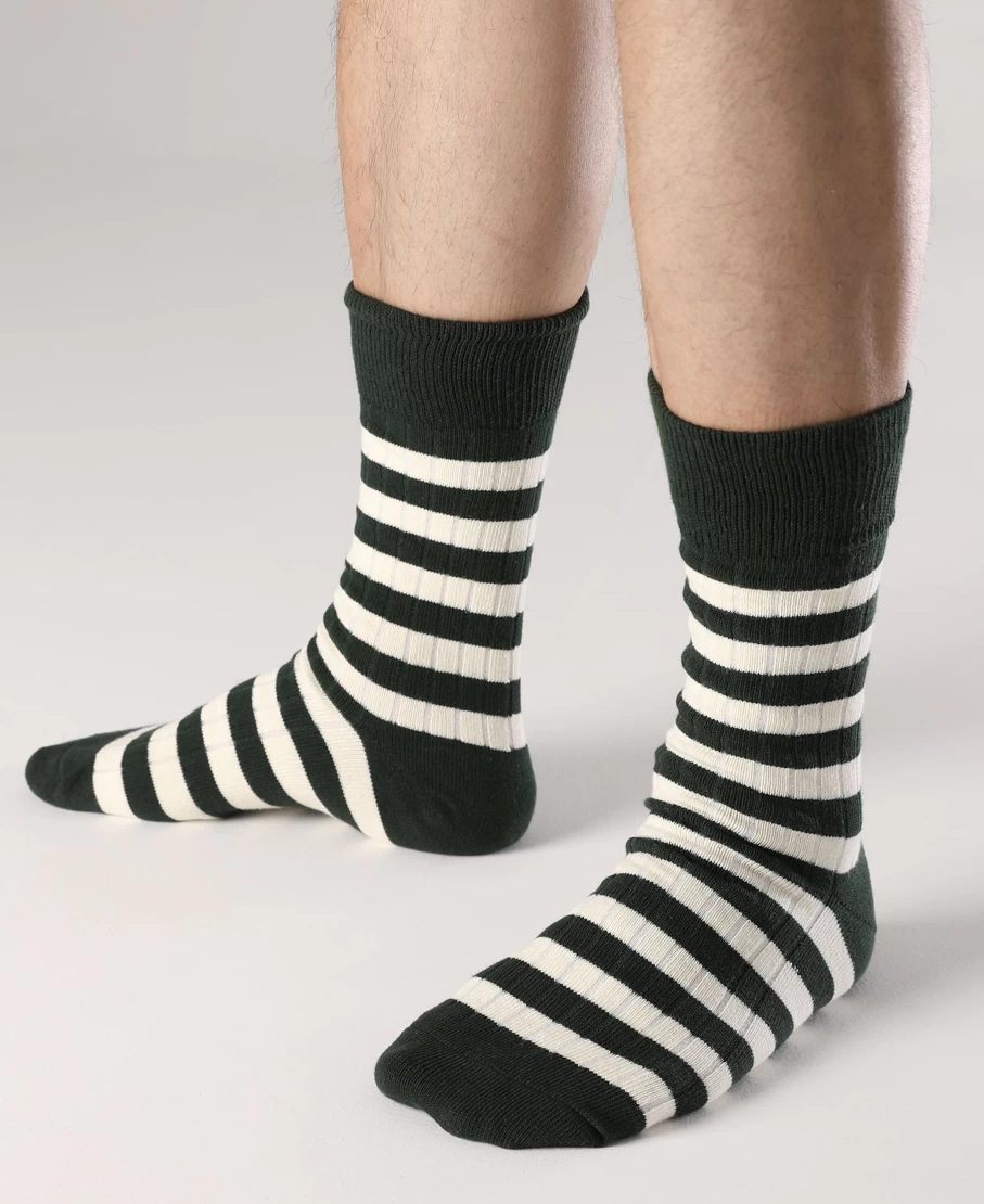 Bronson Men's Retro Green & White Striped Cotton Socks
