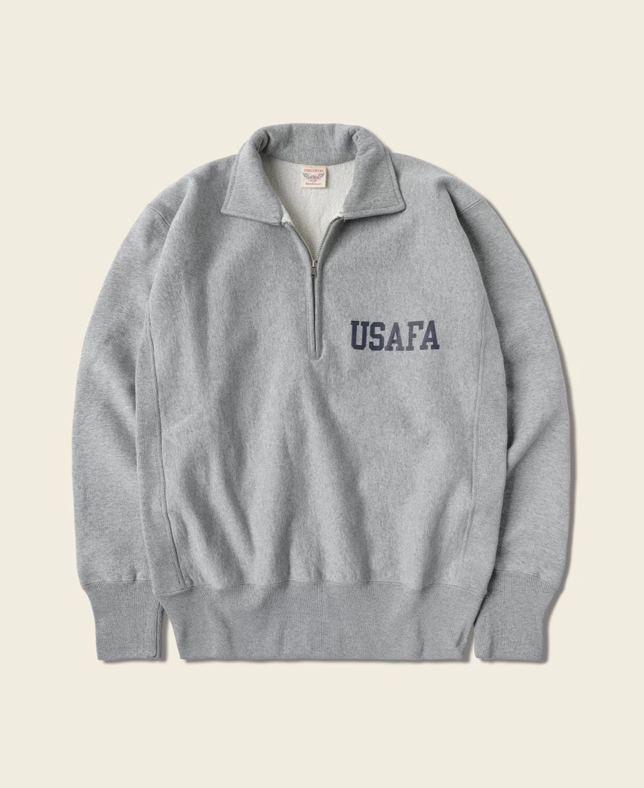 Bronson Men's 1950s USAAF Gray Reverse Weave Half-Zip Sweatshirt Vintage Military Style