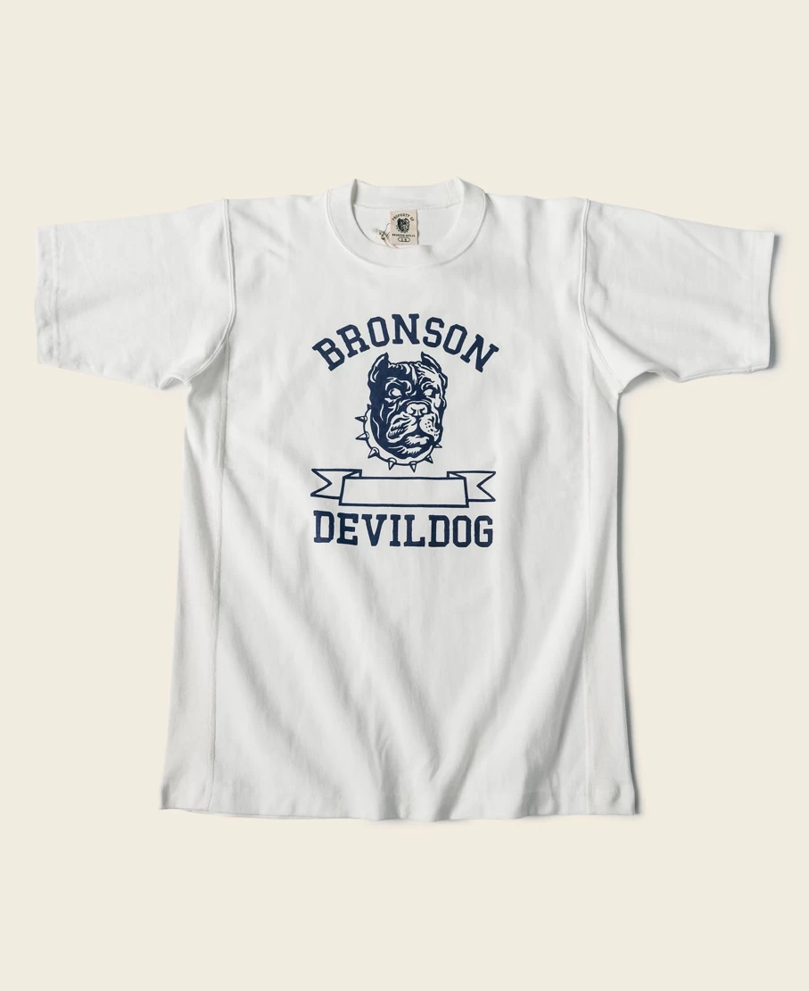Bronson Men's White Devil-Dog Logo Print Reverse Weave T-Shirt