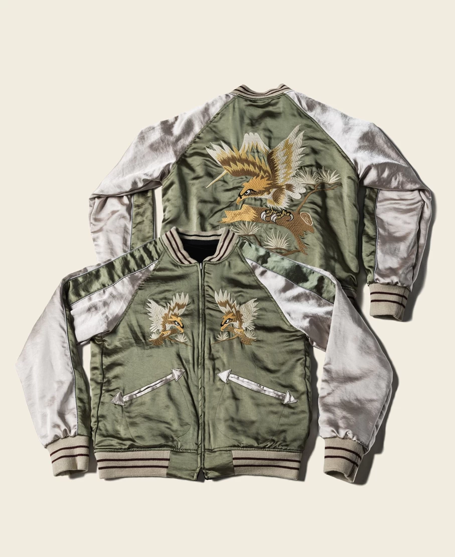 Bronson Men's 1950s Reversible Acetate Jacket - Green/Black Falcon Tiger Souvenir Varsity Coat