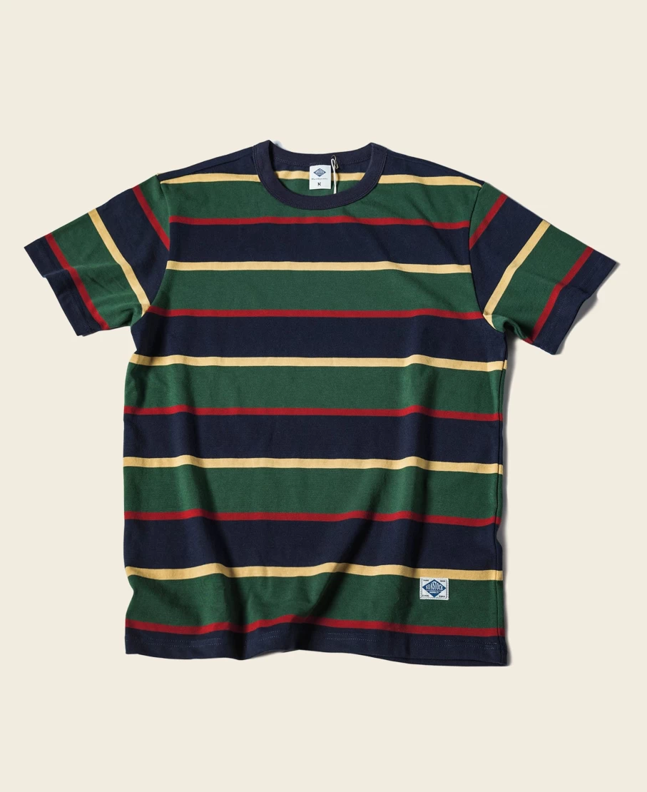 Bronson Men's Navy & Green Striped Ivy Style T-Shirt - 9.8 Oz Cotton Casual Top
