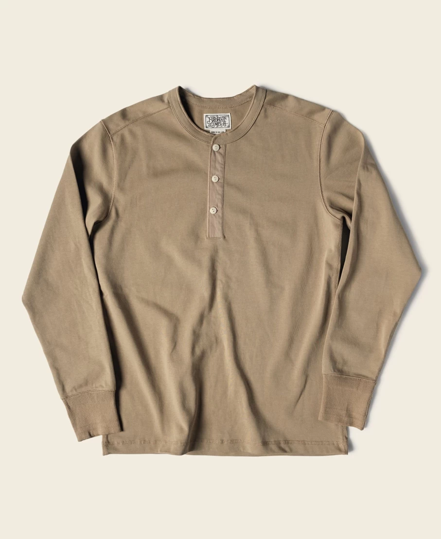 Bronson Men's Vintage Khaki Long Sleeve Henley Shirt - Classic Casual Button-Up Top