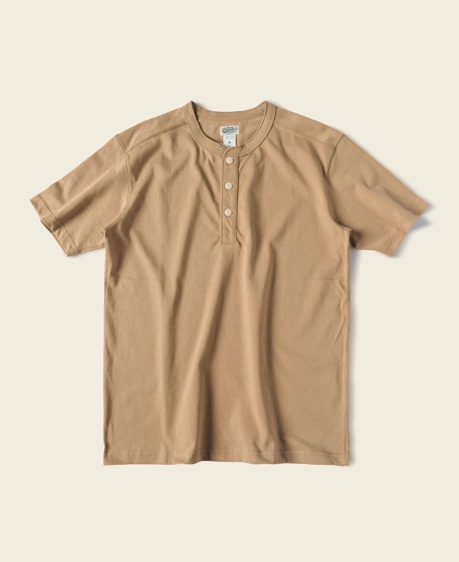 Bronson Men's Khaki Cotton Henley T-Shirt - 10.6 Oz Short Sleeve Casual Top
