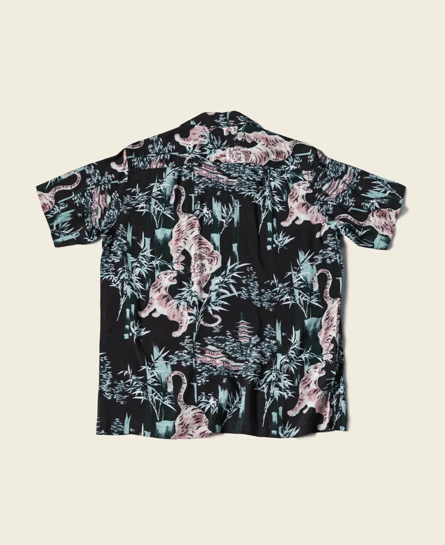 Bronson Men's Black Ukiyo-E Tiger & Bamboo Hawaiian Shirt - Vintage Aloha Shirt for Men