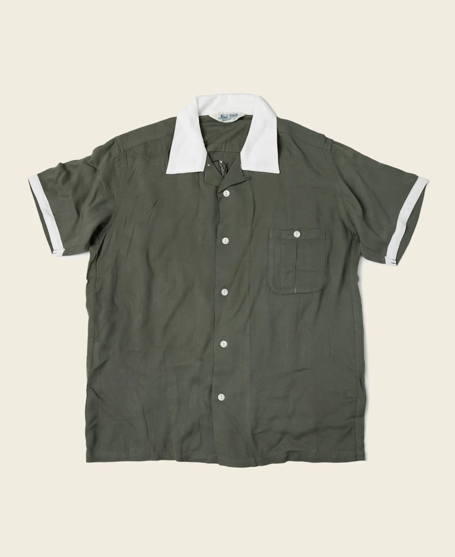 Bronson Men's Olive Loose Fit Embroidery Bowling Shirt