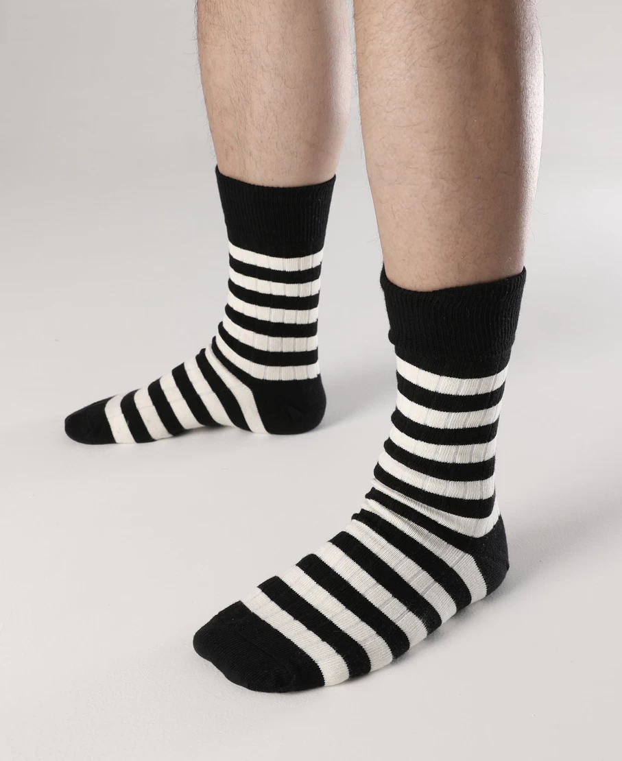 Bronson Men's Retro Black & White Striped Cotton Socks - Vintage Style Comfort