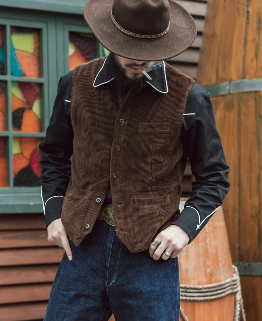 Bronson Men's Brown Retro Corduroy Vest 1910s Vintage Style