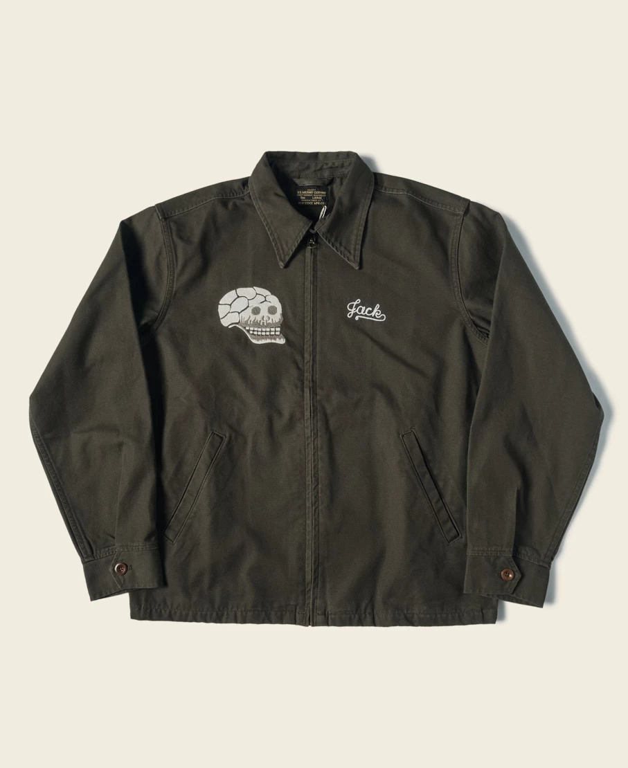 Bronson Men's Gray Green Skull Embroidery Vietnam Souvenir Jacket