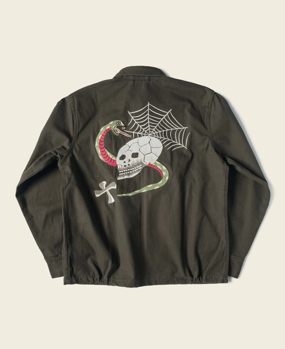 Bronson Men's Gray Green Skull Embroidery Vietnam Souvenir Jacket