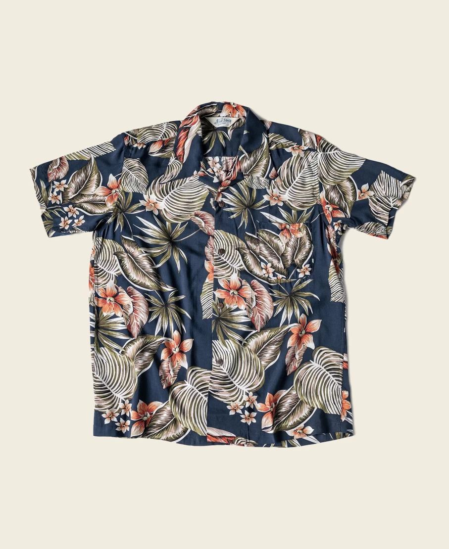 Bronson Men's Navy Aloha Shirt with Plants & Flowers Pattern