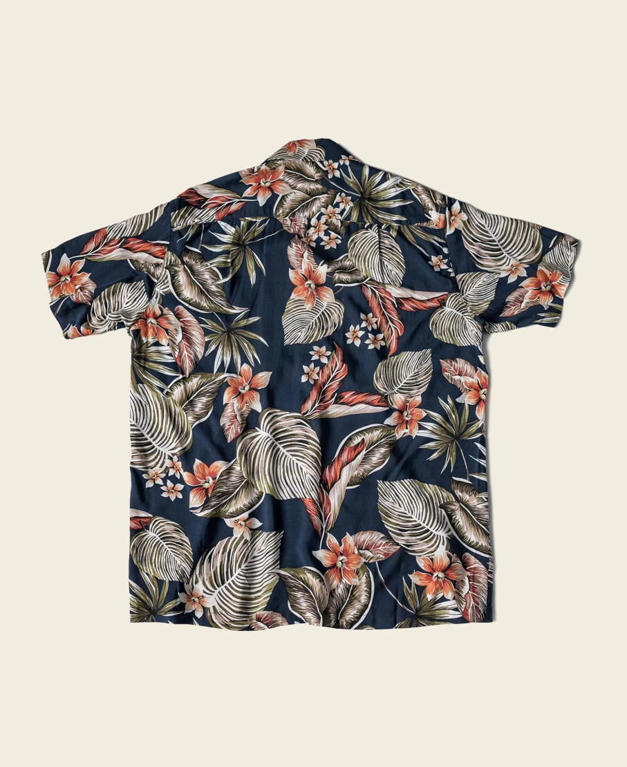 Bronson Men's Navy Aloha Shirt with Plants & Flowers Pattern