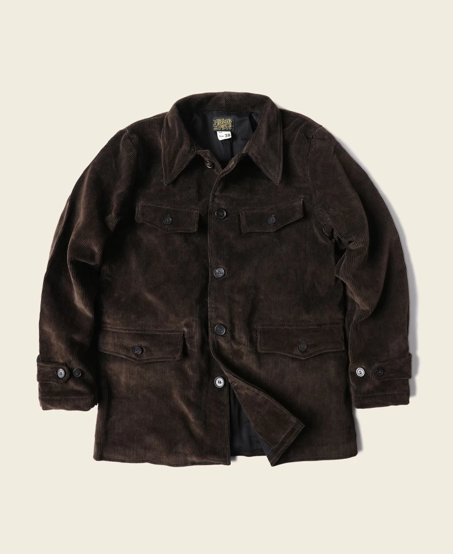 Bronson Men's 1930s French Brown Corduroy Hunting Jacket Vintage Outdoor Wear