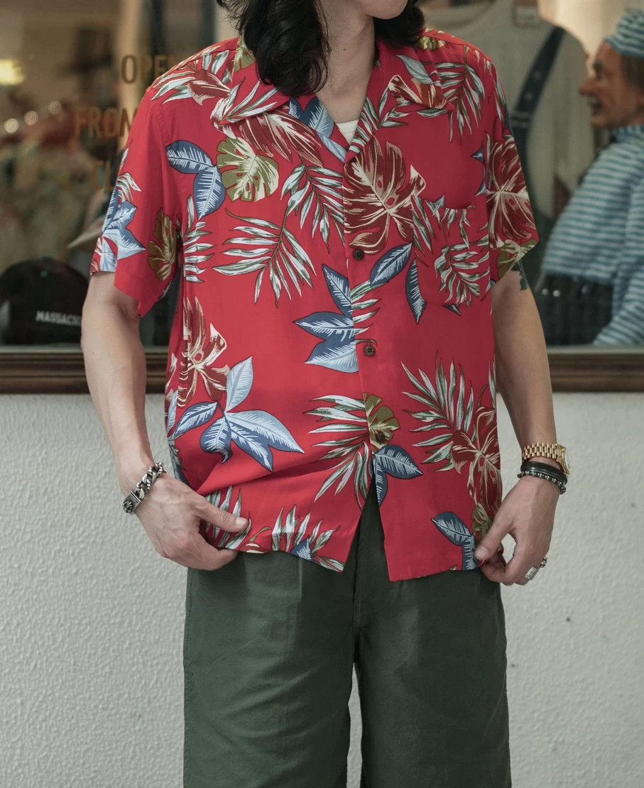 Bronson Men's Red Aloha Shirt with Plants & Flowers Pattern - Tropical Hawaiian Shirt for Men