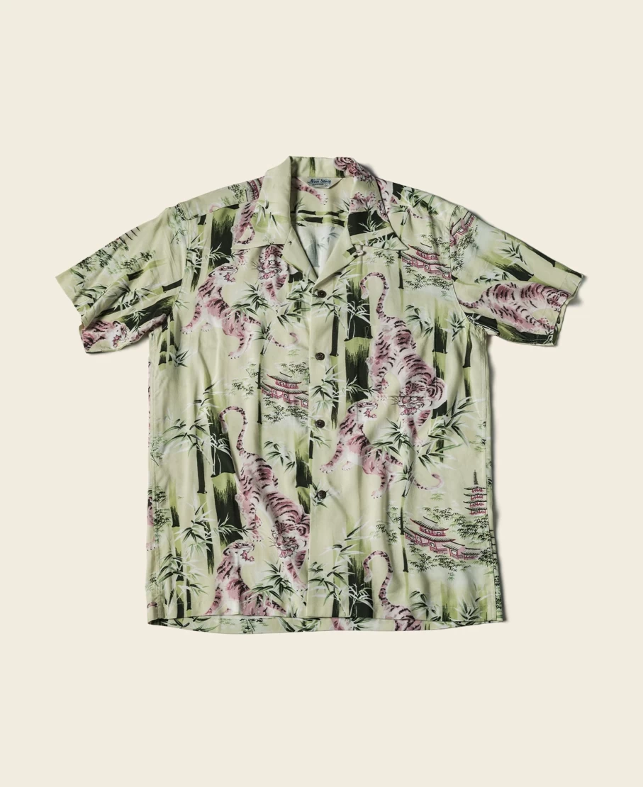 Bronson Men's Light Green Ukiyo-E Tiger & Bamboo Hawaiian Shirt