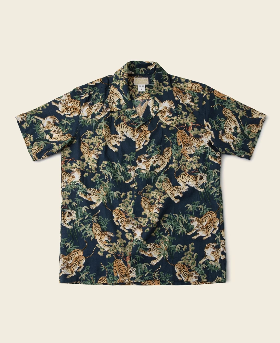 Bronson Men's Navy Ukiyo-E Tiger & Bamboo Aloha Shirt - Vintage Japanese Pattern Hawaiian Style