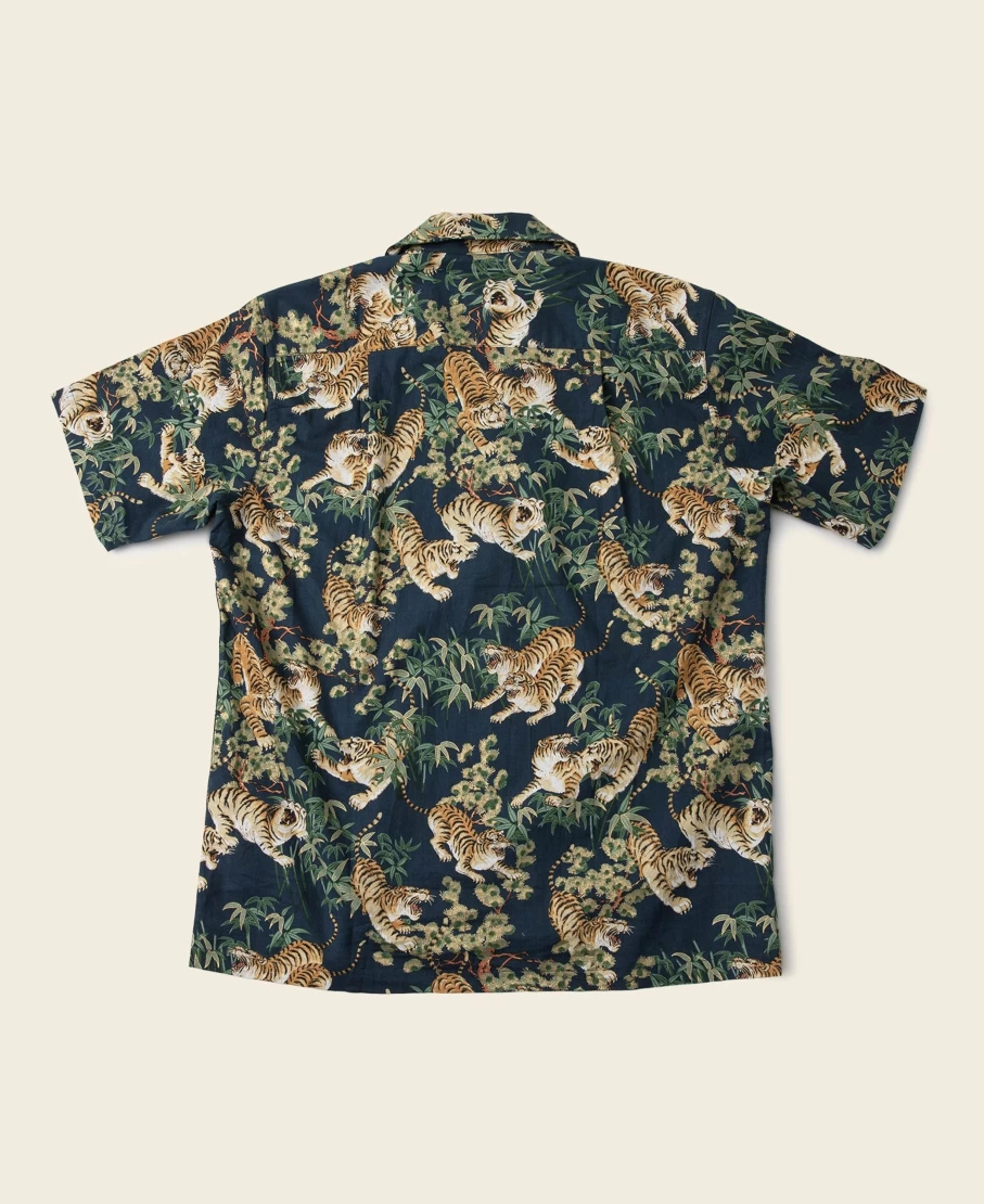 Bronson Men's Navy Ukiyo-E Tiger & Bamboo Aloha Shirt - Vintage Japanese Pattern Hawaiian Style