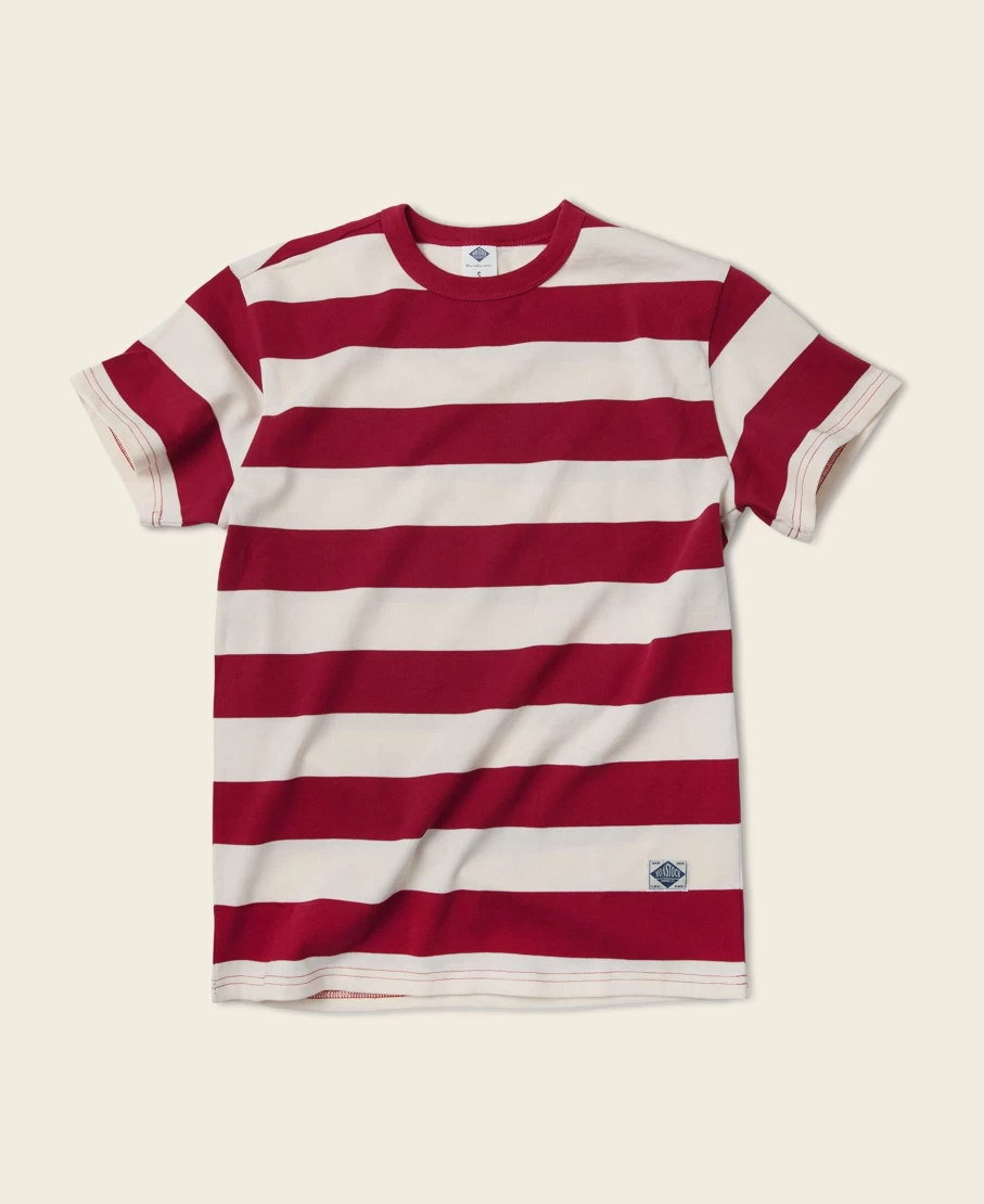 Bronson Men's Heavyweight Cotton T-Shirt - Red/Apricot Wide Striped Casual Tee