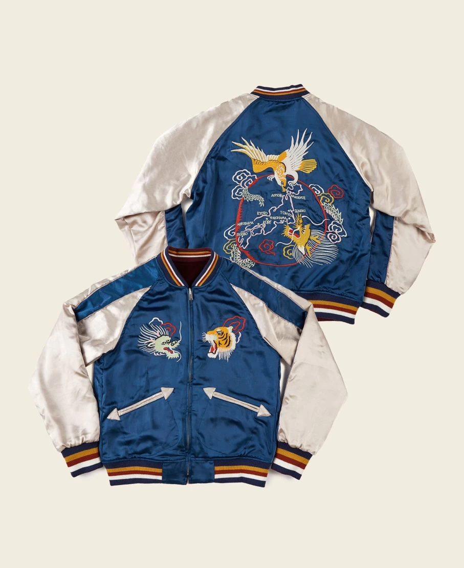 Bronson Men's 1950s Reversible Acetate Souvenir Jacket - Blue/Wine Red Dragon Tiger Falcon Design