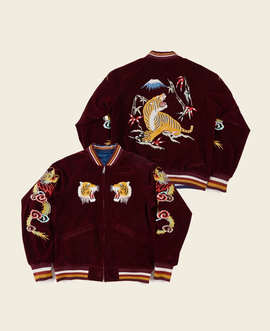 Bronson Men's 1950s Reversible Acetate Souvenir Jacket - Blue/Wine Red Dragon Tiger Falcon Design