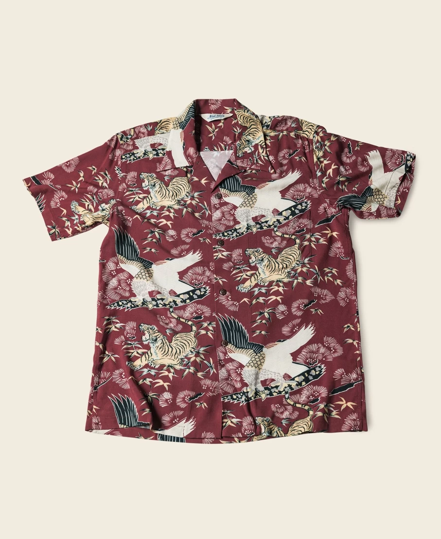 Bronson Men's Wine Red Ukiyo-E Tiger & Crane Aloha Shirt Japanese Print Hawaiian Shirt