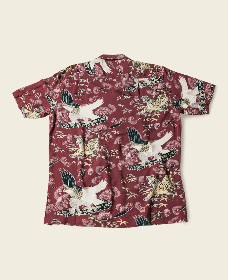 Bronson Men's Wine Red Ukiyo-E Tiger & Crane Aloha Shirt Japanese Print Hawaiian Shirt