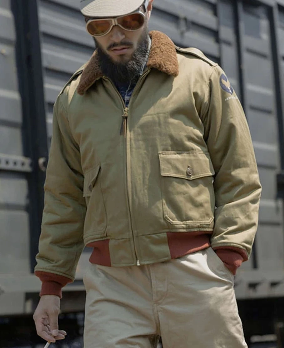 Bronson Men's B-10 Flight Jacket in Khaki Green - USAAF Type Bomber Jacket for Men
