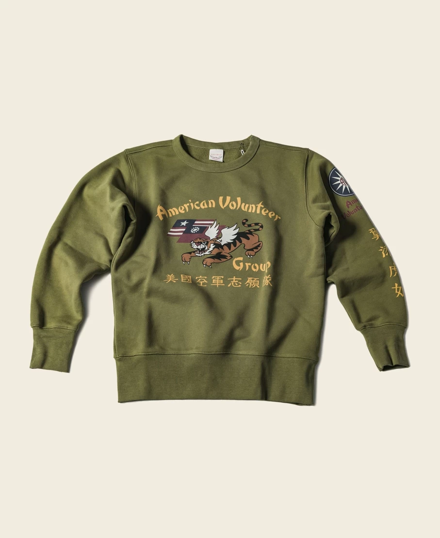 Bronson Men's Olive Military Flying Tigers Print Sweatshirt