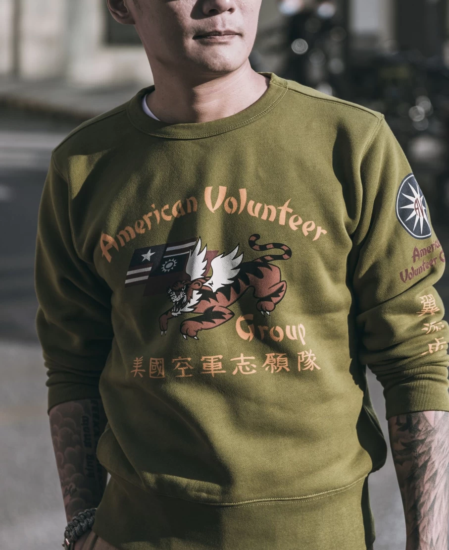 Bronson Men's Olive Military Flying Tigers Print Sweatshirt