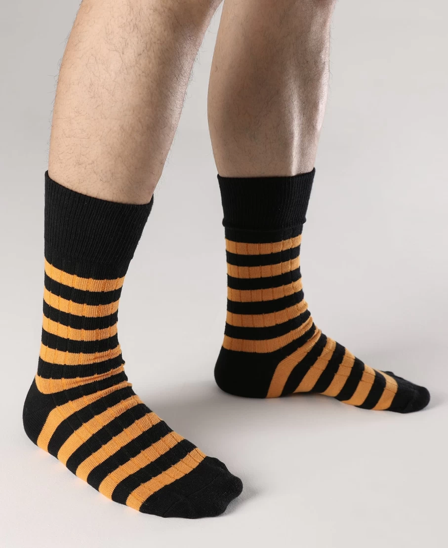 Bronson Men's Retro Striped Cotton Socks - Black/Orange Vintage Style Casual Footwear