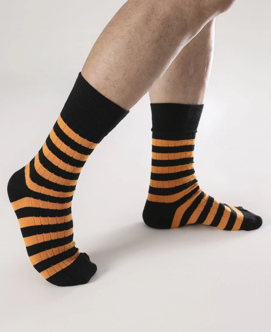 Bronson Men's Retro Striped Cotton Socks - Black/Orange Vintage Style Casual Footwear