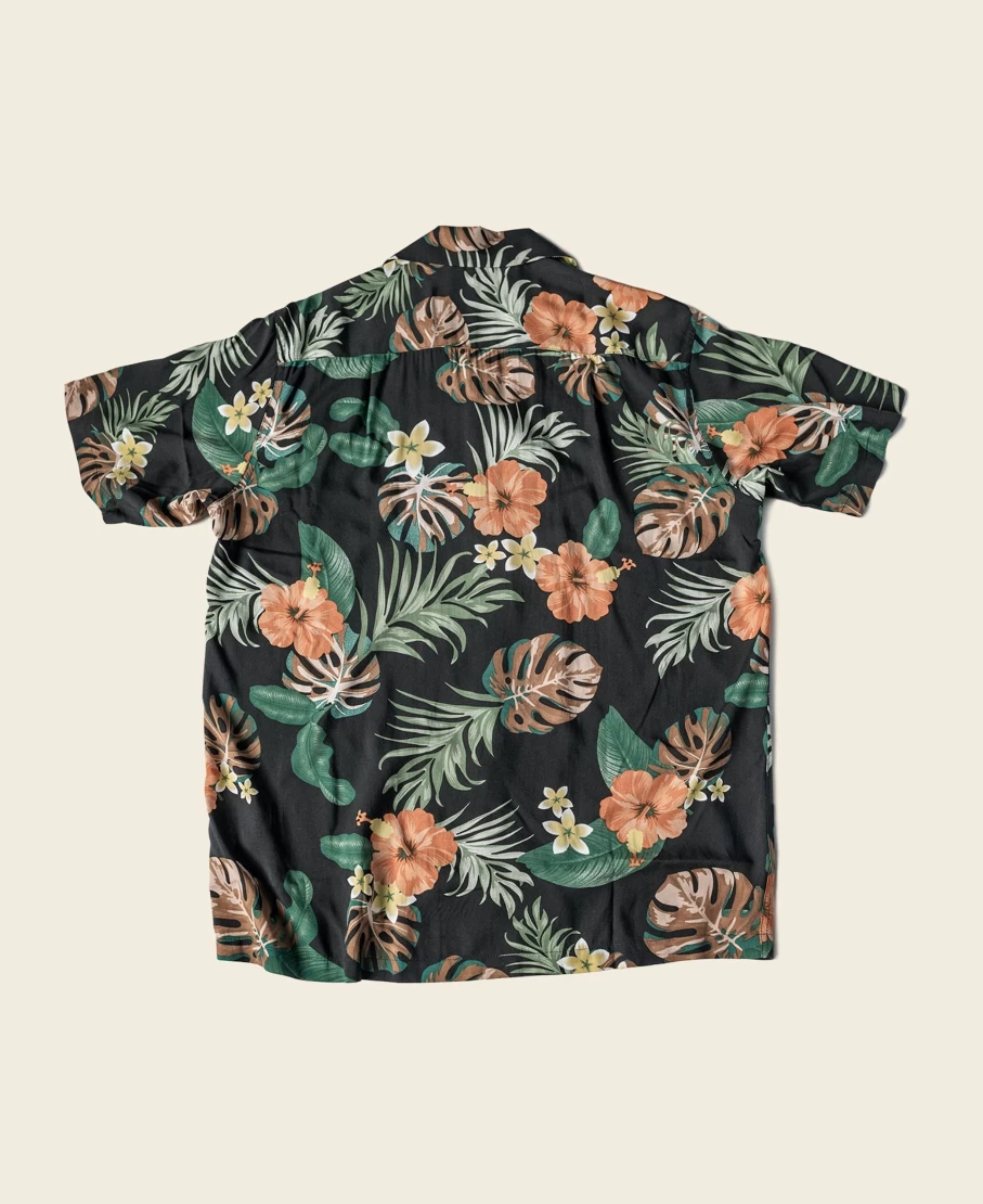 Bronson Men's Black Aloha Shirt with Plants & Flowers Pattern
