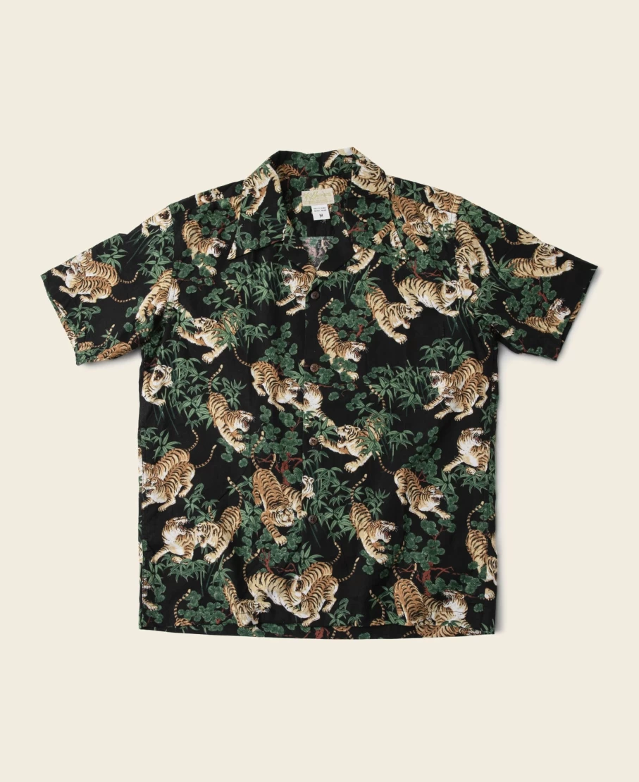 Bronson Men's Black Ukiyo-E Tiger & Bamboo Hawaiian Shirt - Vintage Aloha Style