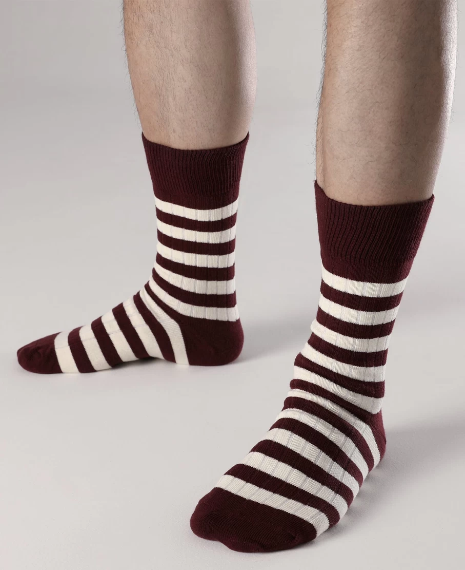 Bronson Men's Retro Striped Cotton Socks - Red/White Vintage Style Casual Footwear