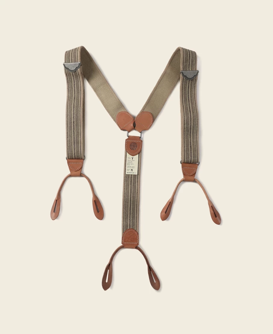 Bronson Men's Khaki Stripe Y-Back Leather Button Suspenders - Old-Time Style Adjustable Straps