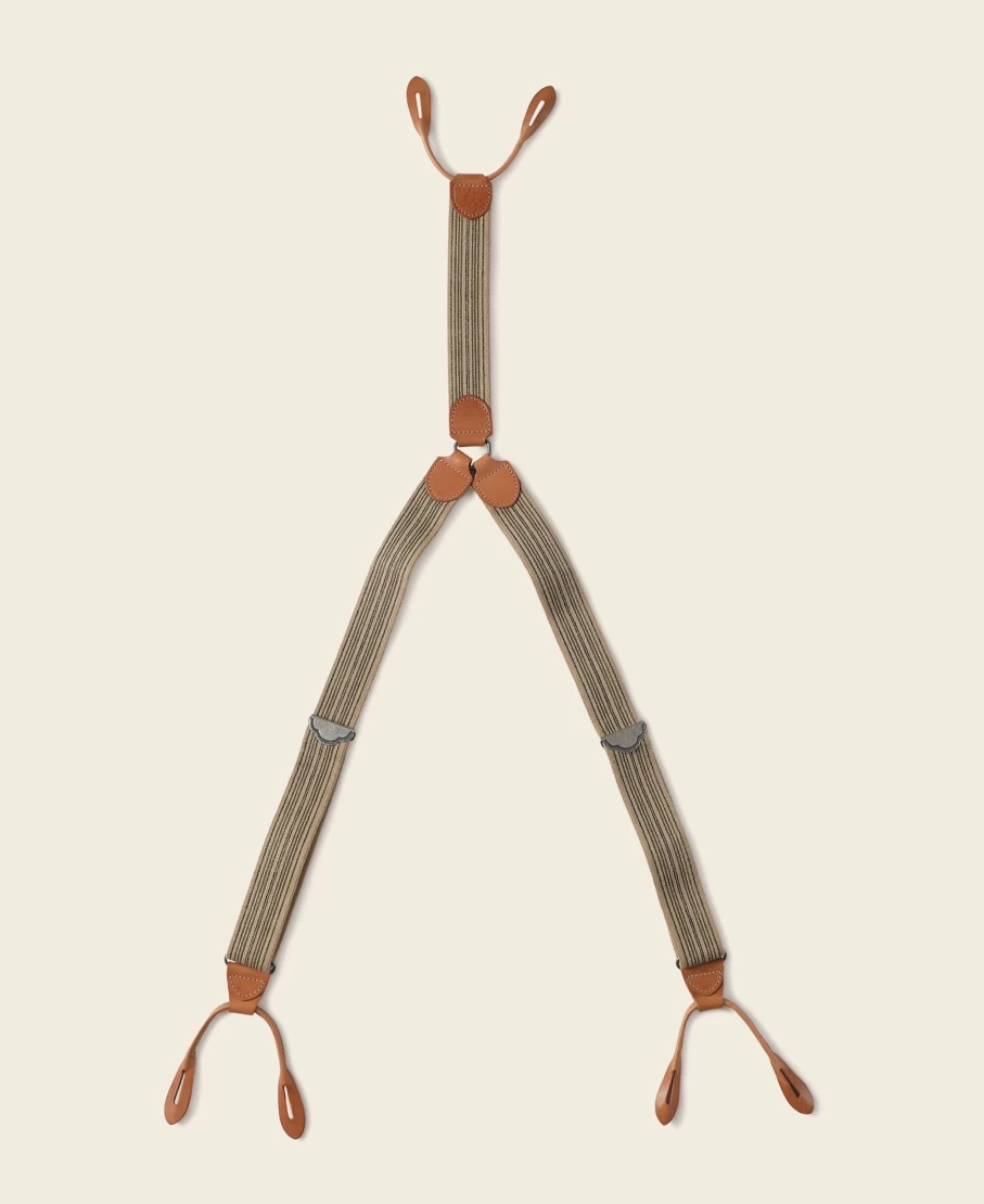 Bronson Men's Khaki Stripe Y-Back Leather Button Suspenders - Old-Time Style Adjustable Straps