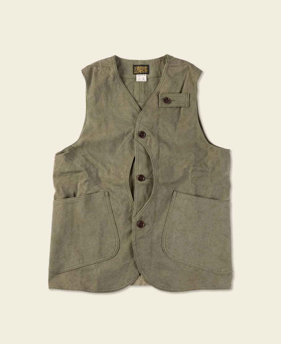 Bronson Men's 1930s Olive Heavyweight Canvas Hunting Vest with Game Pockets