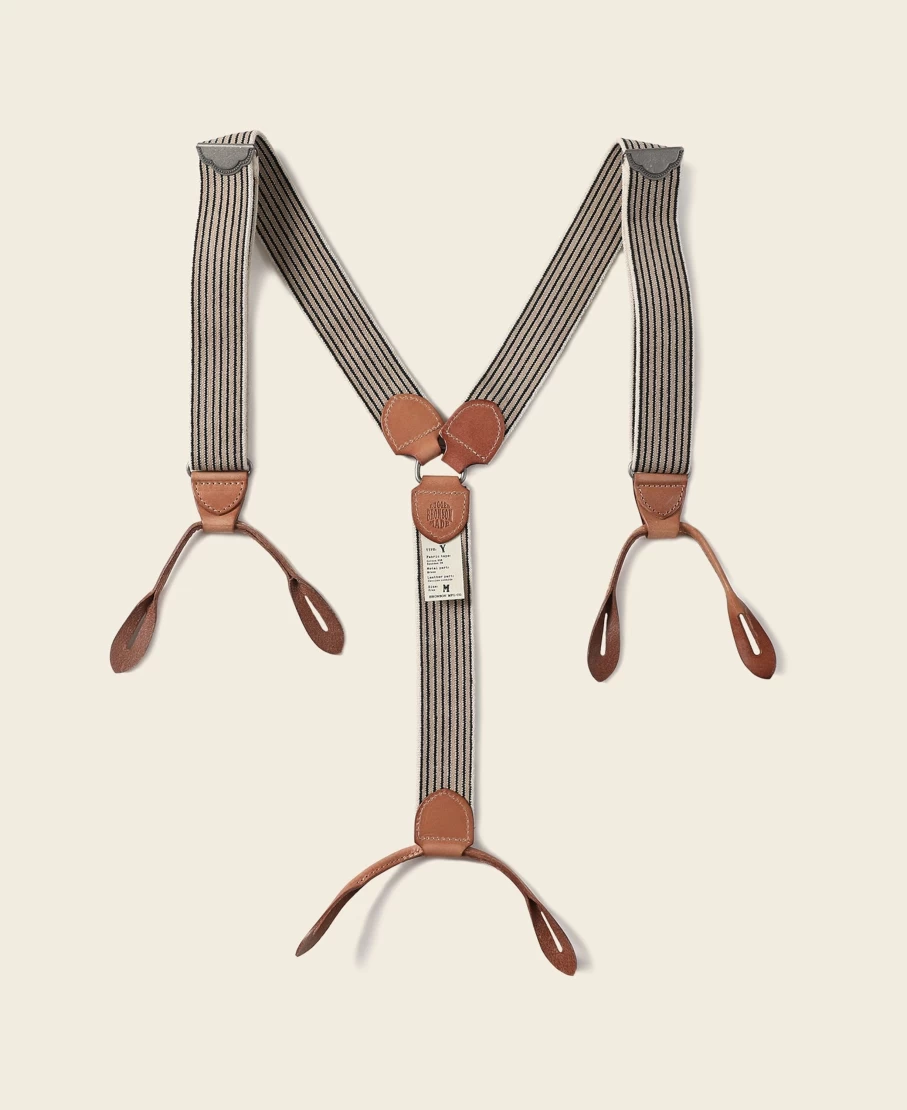 Bronson Men's Blue & Yellow Stripe Y-Back Leather Button Suspenders - Vintage Style Old-Time Design